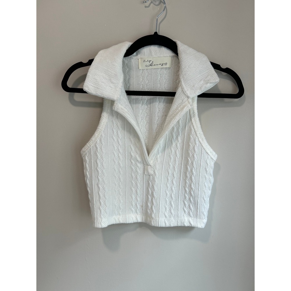 Vintage Havana White Cable Knit Collared Sweater Top Medium Preppy Coastal
